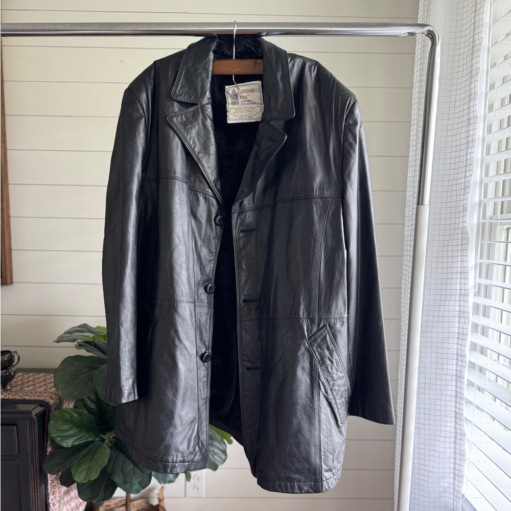 London Fog Dark Black Leather Trench Coat